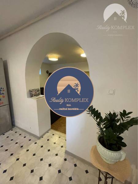Interior of a family house with an arched passage, tiles, and a plant on a stand.