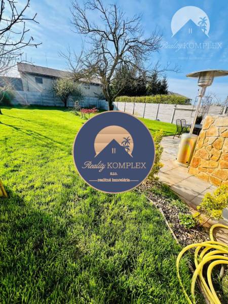 Lawn with a path and trees; the garden is complemented by a terrace area and a family house.