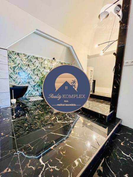 Luxurious bathroom with black marble and green vegetation design elements in a family house.