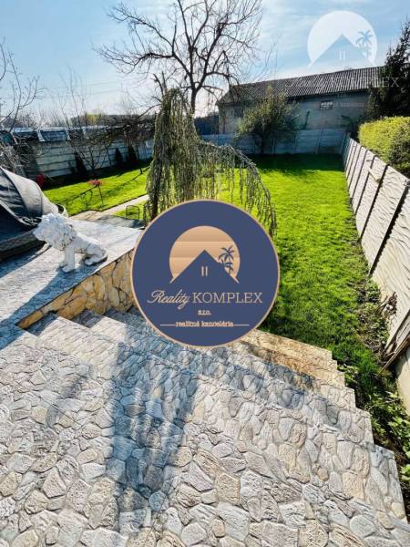 Stone steps lead to the garden, where there are trees and a family house.