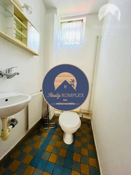 A bathroom in a family house with colorful tiles, a sink, and a toilet.