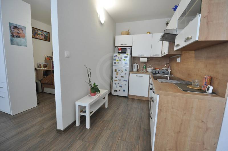 Interior of a 2-room apartment with a kitchen, white furniture, and a floor with a wood decor.
