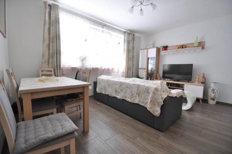 Living room with wood-patterned flooring, a television, and a table in a two-room apartment.