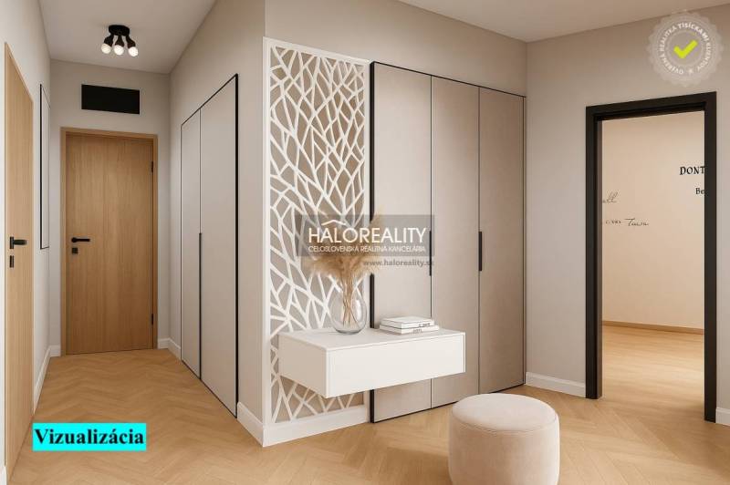 Entrance hallway with cabinets and a decorative panel in a 4-room apartment with wood-decor flooring.