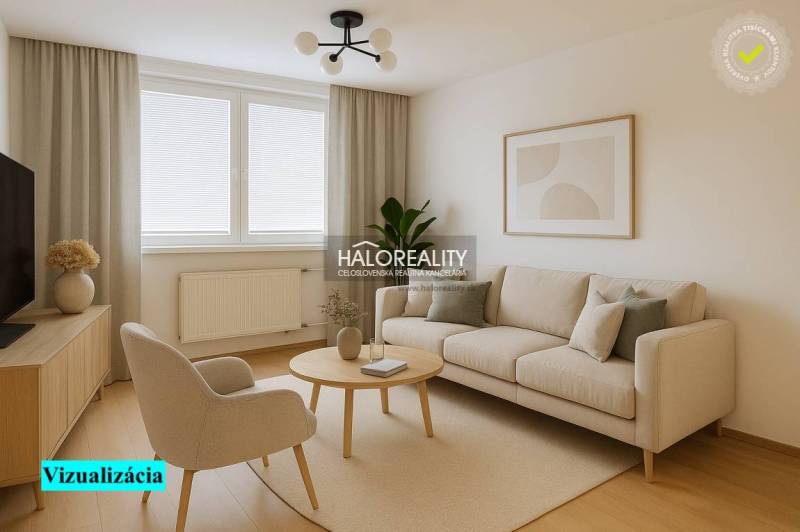 Living room in a 4-room apartment with a wooden decor floor and beige furniture.