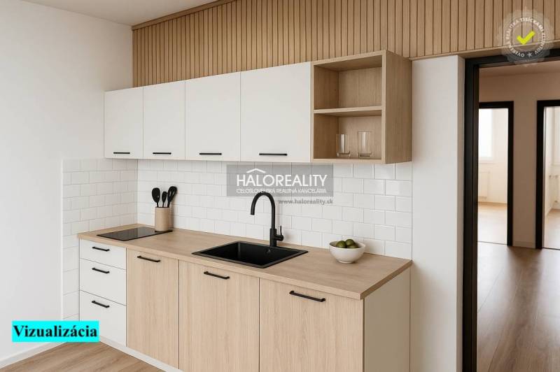 A kitchen in a 4-room apartment with white cabinets and a wood-patterned floor.