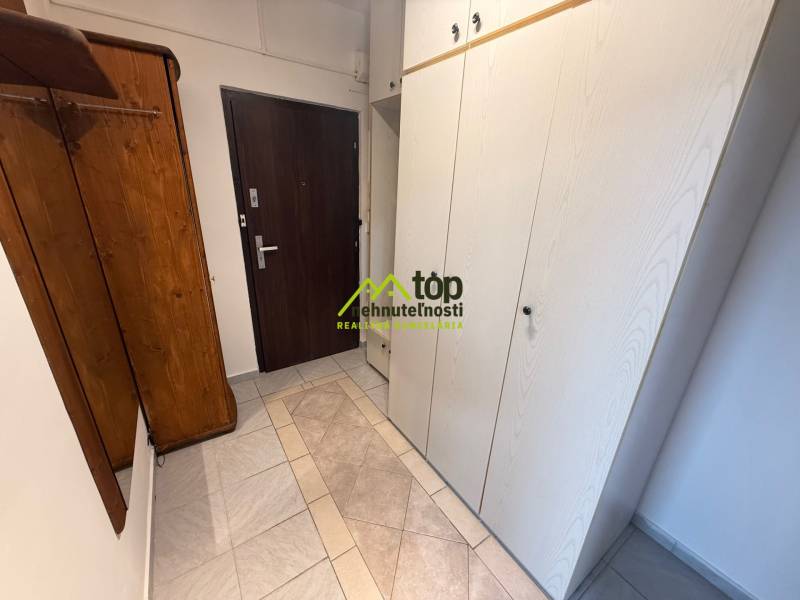 Entrance hallway with tiles and a built-in wardrobe in a 2-room apartment.