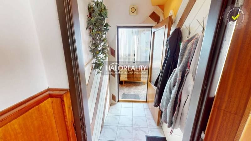 A narrow hallway in a family house with hanging coats and decorative greenery.