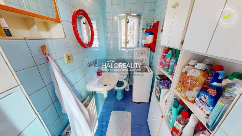 A smaller bathroom in a family house with blue decor and a washing machine.