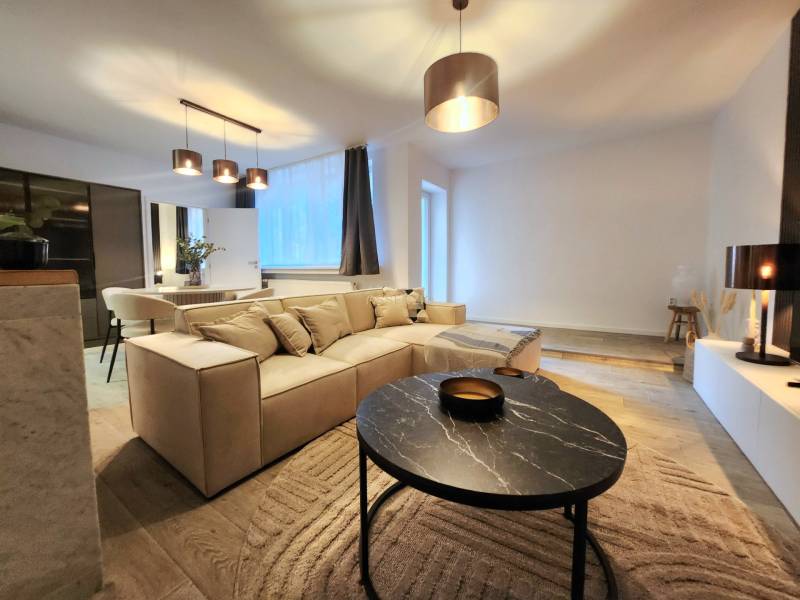 Interior of a 2-room apartment with a comfortable sofa, stylish coffee table, and flooring with a wooden decor.