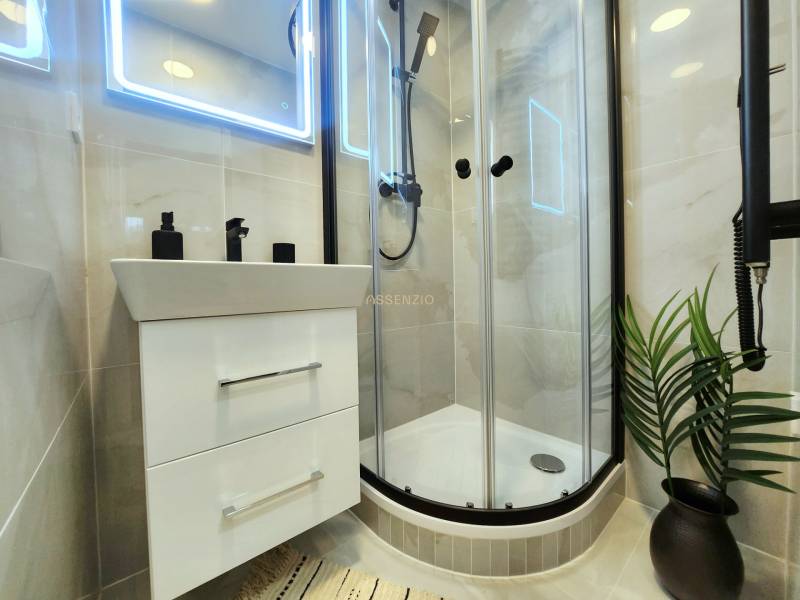 Bathroom in a 2-room apartment with an illuminated mirror, shower corner, and a potted plant.