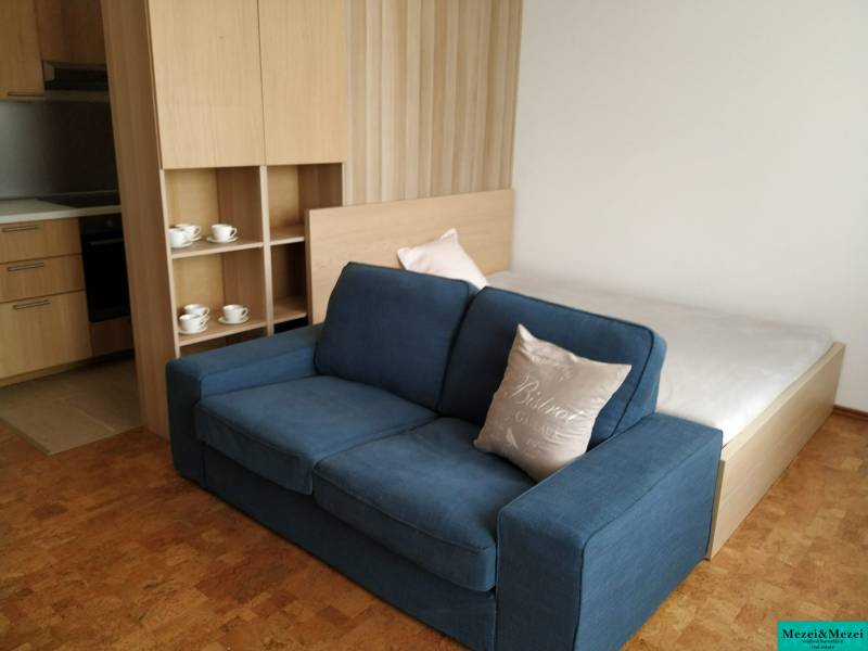 A small 1-room apartment with a wooden floor, a blue sofa, and a kitchen.