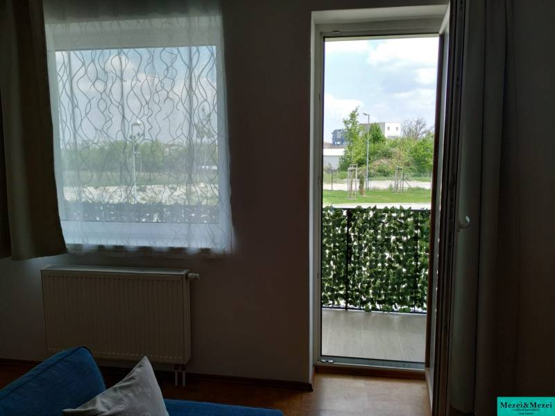 A room with a blue sofa, a window, and balcony doors with a view of greenery.