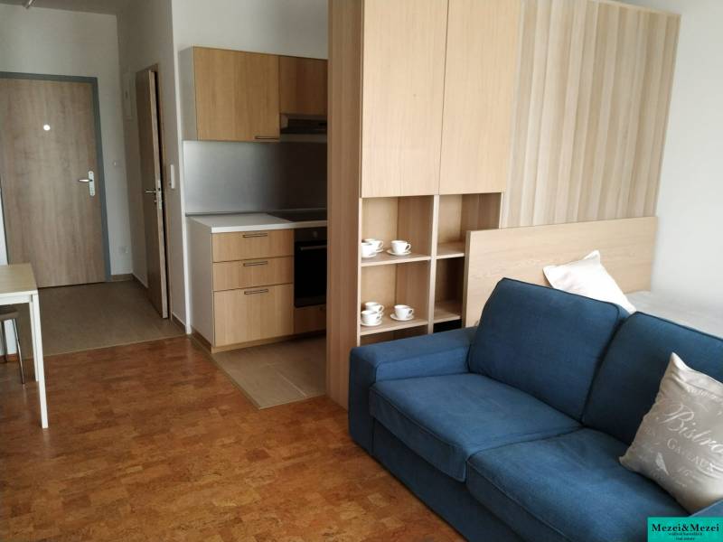 Living room with kitchen, wooden decor flooring, blue sofa.