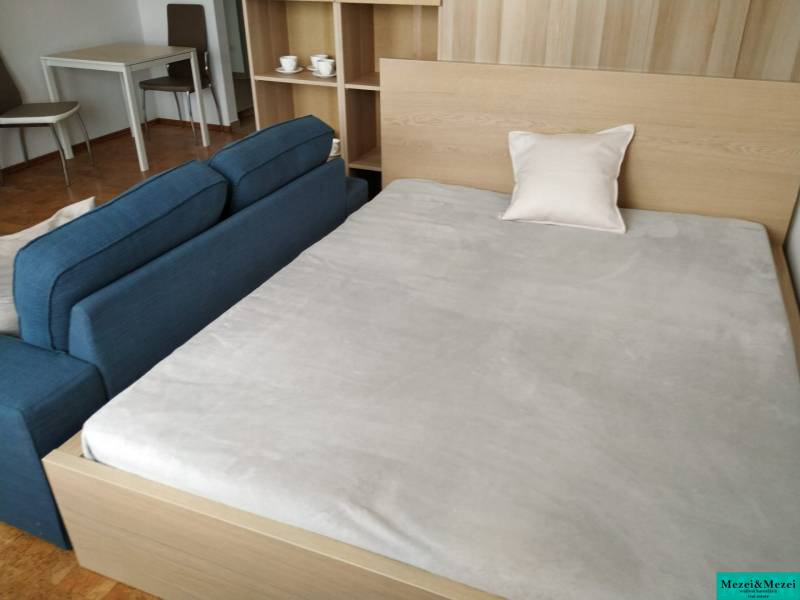 Bed, sofa, and a small table with wood-patterned flooring in a studio apartment.