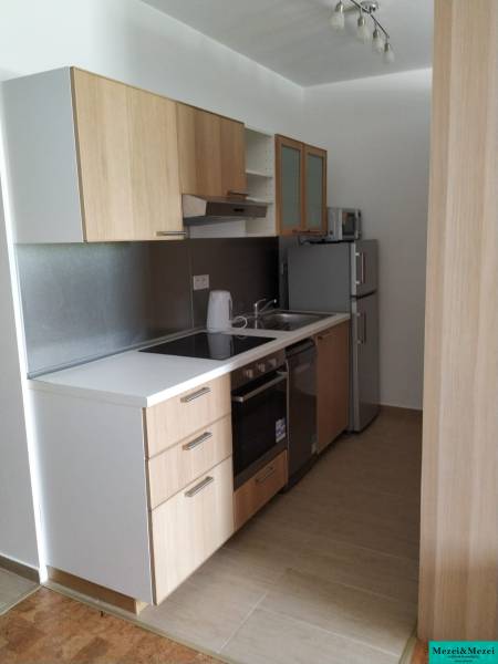 A kitchen in a studio apartment with a wood-patterned floor and built-in appliances.