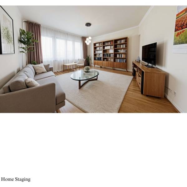 Living room with a sofa, television, bookshelf, and wooden decor flooring in a family house.