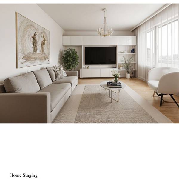 A stylish living room in a family house with comfortable sofas and a wooden decor floor.