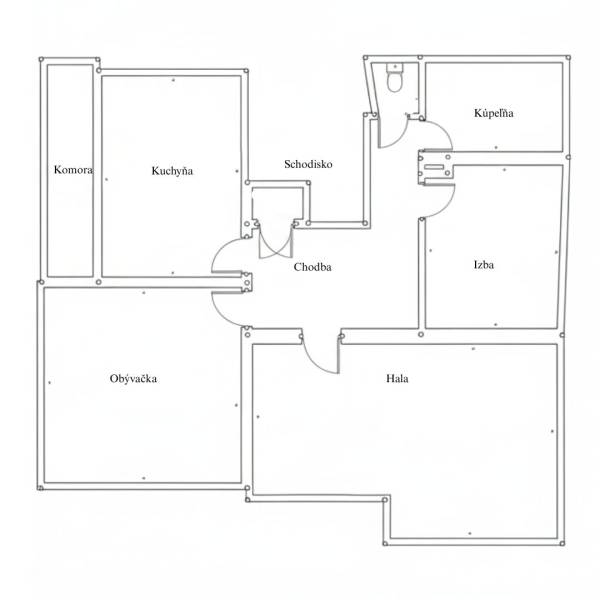 Floor plan of a family house with rooms: living room, bathroom, kitchen, bedroom, hall, pantry.