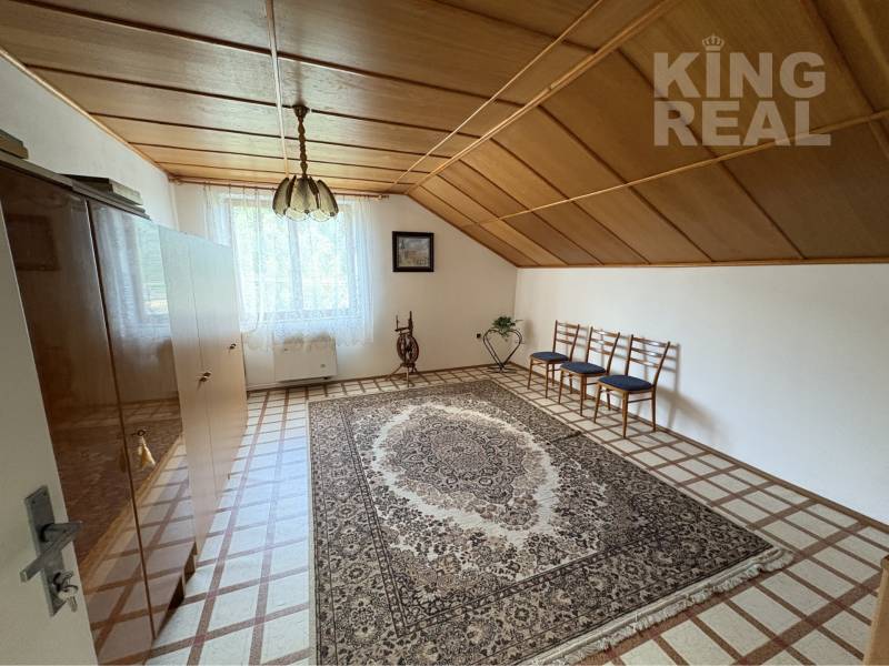 A room in a family house with carpet and cabinets, decorated with ceiling panels.