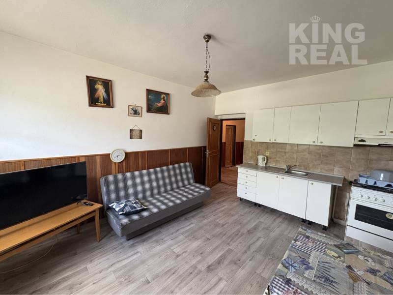 Living room in a family house with a sofa, television, kitchen unit, and wooden decor flooring.