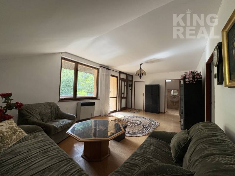 Living room in a family house with sofas, a carpet, and a coffee table.