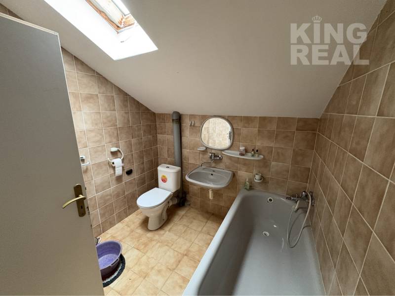A bathroom in a family house with a bathtub, sink, toilet, and skylight.