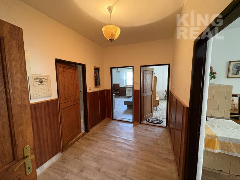 A hallway of a family house with a wooden-patterned floor and multiple doors.
