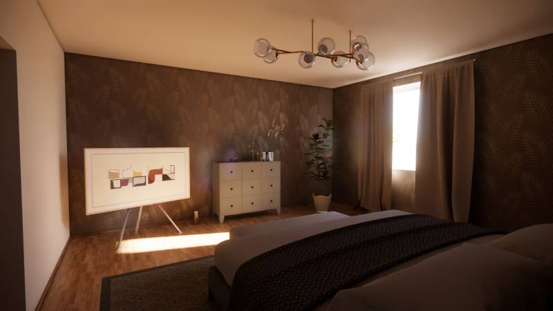 Bedroom in a family house with a painting, wooden decor flooring, and a large window.