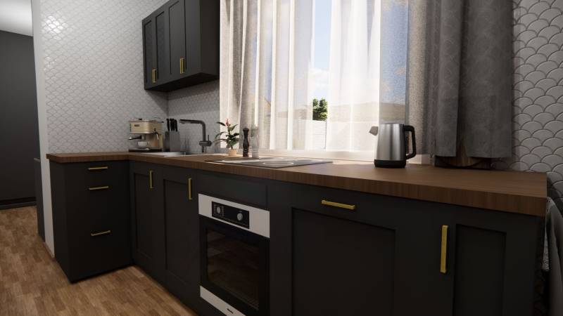 A kitchen unit in a family house with dark cabinets and a wooden decor floor.