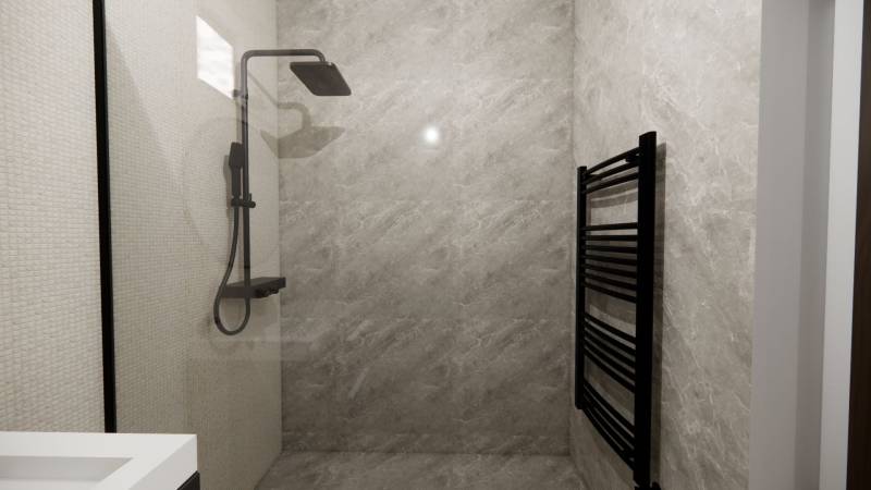 Shower corner with gray tiles and a black radiator in a family house.