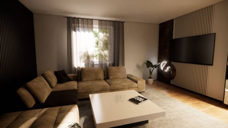 Living room in a family house with a comfortable sofa, television, and wooden decor flooring.