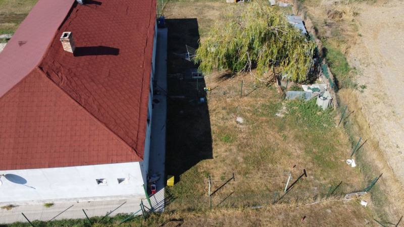 A family house in Zemianska Olča with a red roof and a yard with a large tree.