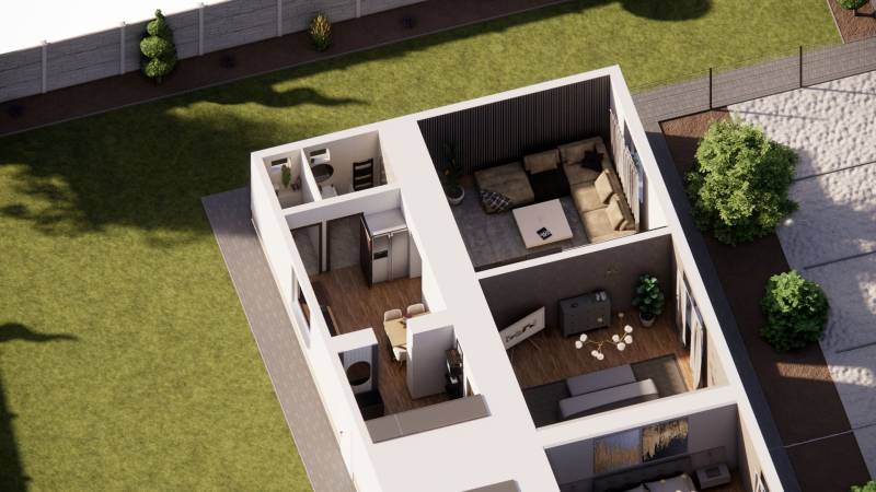 Floors with a wood decor in the interior of a family house and a garden in Zemianska Olča.