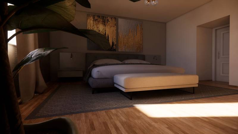 Bedroom in a family house with a bed, a plant, and a wooden decor floor.