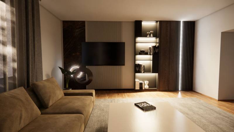 Living room in a family house with a brown sofa and decorative lighting, floor with wooden decor.