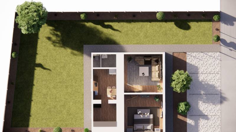 The floor plan of a family house in Zemianska Olča, lawn, trees, rooms, and flooring with a wooden decor.