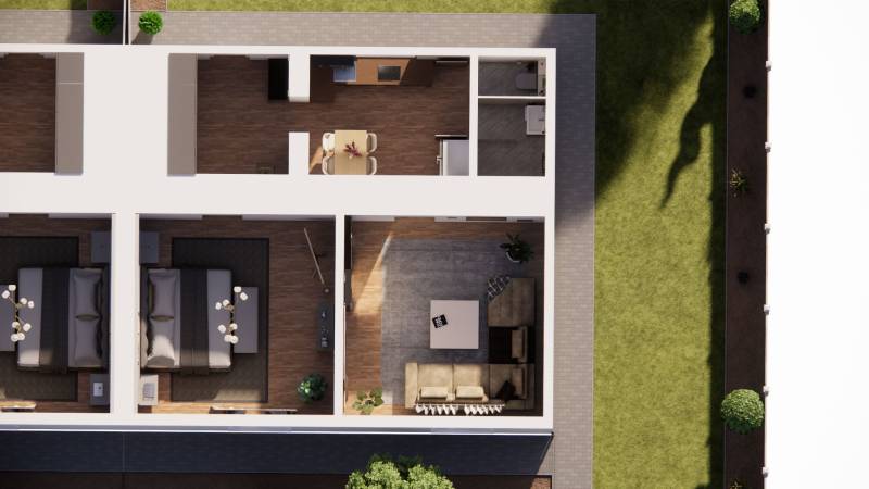 Floor plan of a family house with a garden, wooden decor flooring, two rooms, kitchen.