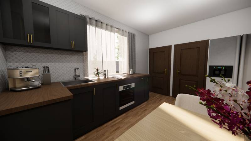 A kitchen in a family house with dark furniture, a coffee machine, and a floor with a wooden decor.