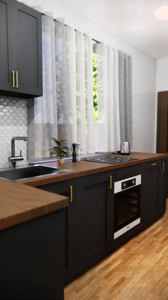 Modern kitchen in a family house with wood-patterned flooring and dark cabinets.