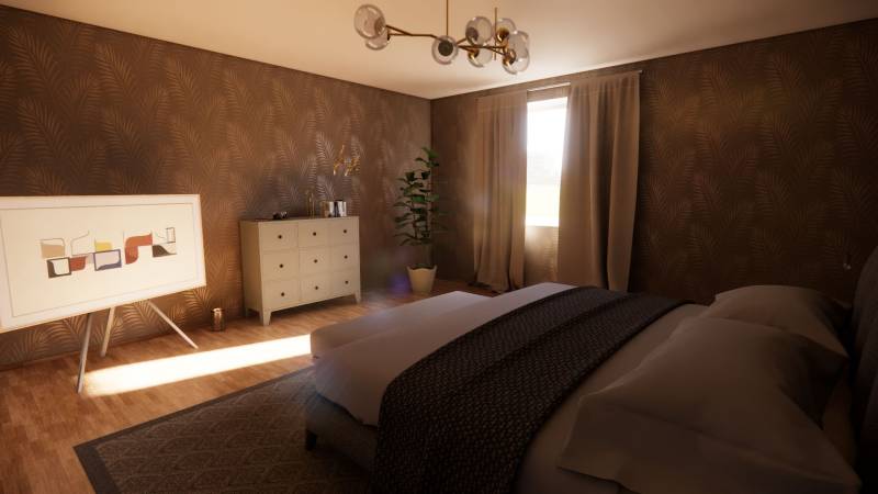 Bedroom in a family house, with wood-patterned flooring, a painting, and a plant.