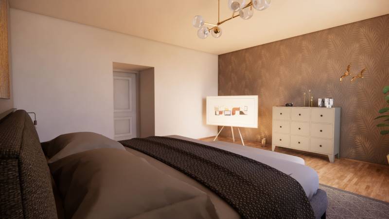 Bedroom in a family house with a wooden decor floor, a dresser, and a decorative wall.