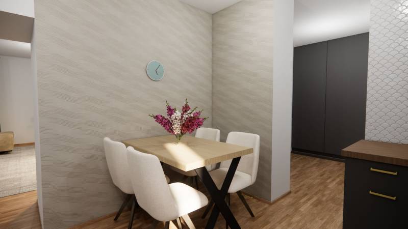 Dining area with a wooden table and chairs in a family house, decorated with flowers.