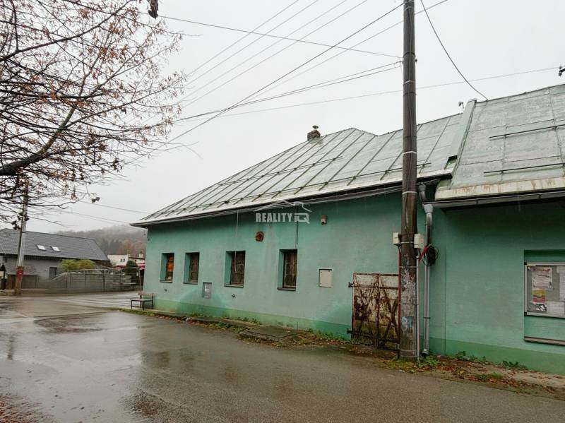A family house in Kolárovice with a green facade, a metal roof, during rainy weather.