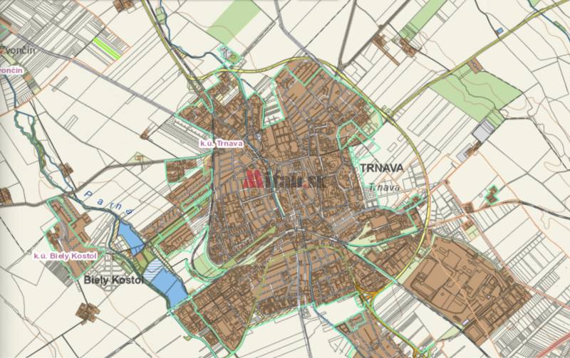 The map of Trnava shows agricultural and forest lands with a road network and water bodies.