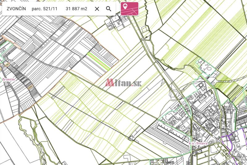 Map excerpt of agricultural and forest land near Trnava, showing the parcel Zvončín.