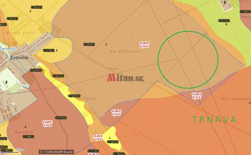Map of agricultural and forest lands around Trnava.