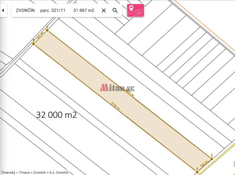 Map of agricultural land in Zvončín near Trnava, area 31,887 m².
