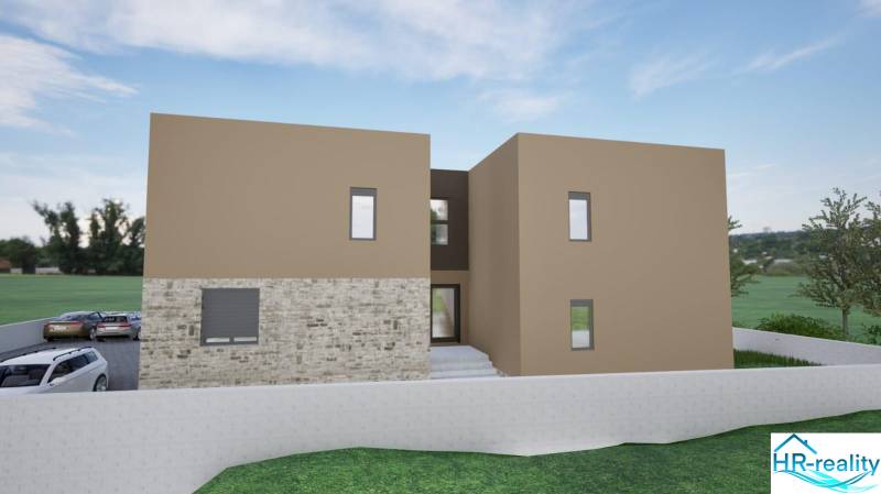 Recreational apartment in Vodice with modern design and cars in the parking lot.