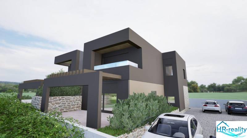 Recreational apartment in Vodice with modern architecture, stone walls, and parking.
